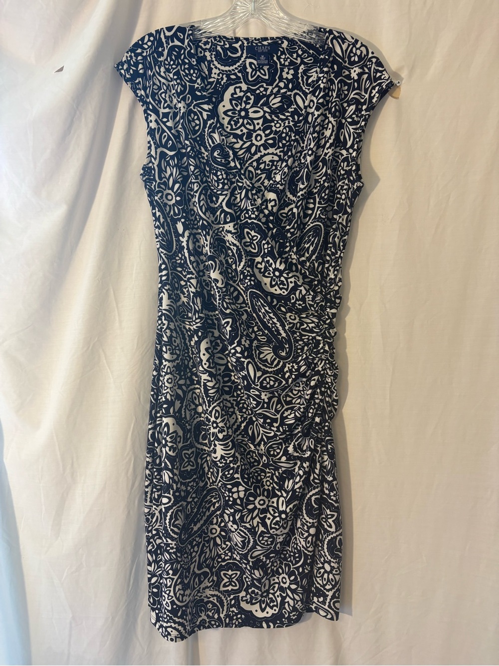 Chaps Navy & White Paisley Ruched Midi Dress